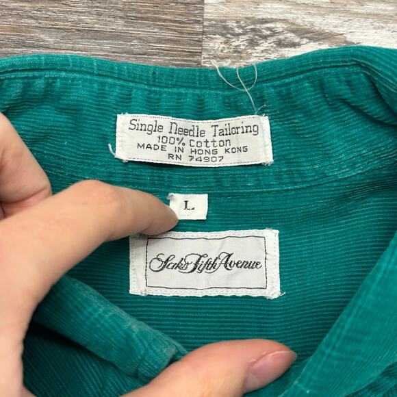 Vintage 80s Saks Fifth Avenue Teal Mens L Long Sleeve Button Down Corduroy Shirt - Picture 6 of 10